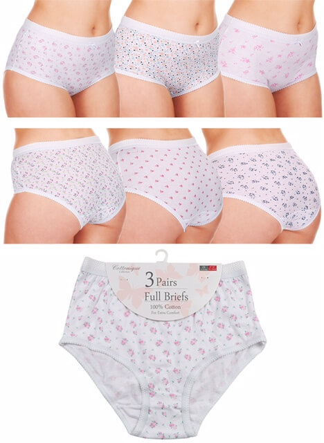 Floral 3 pair pack 100% cotton full briefs White